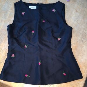 Talbots black with red rose buds silk top